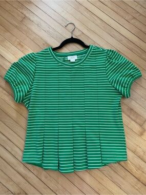 MAEVE ANTHROPOLOGIE Puff Sleeve Peplum Top Kelly Green White Stripe Nautical